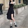 New Women's Clothing College Style Long Dress Spice Girl Suit Small Black Dress Irregular Strap Dress Summer
