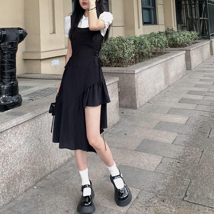 New Women's Clothing College Style Long Dress Spice Girl Suit Small Black Dress Irregular Strap Dress Summer