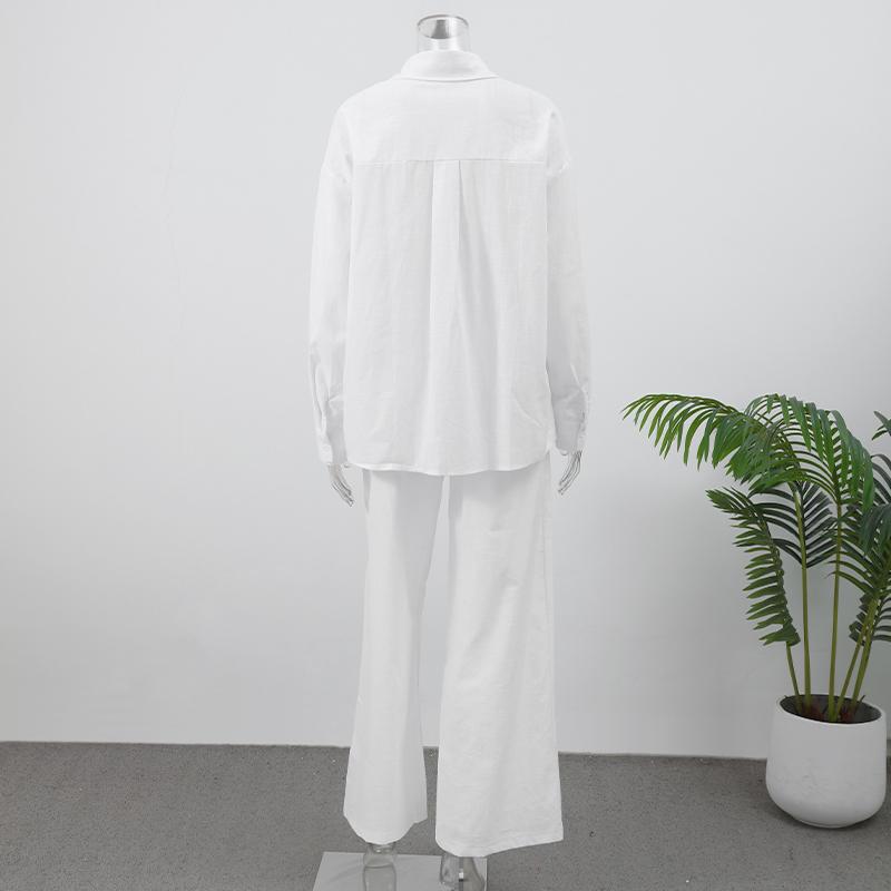 Bavlněná lněná dámská kalhotová souprava ležérní volná jednobarevná knoflíková košile kalhoty outfit léto dámský denní šik volné kalhoty oblek nový
