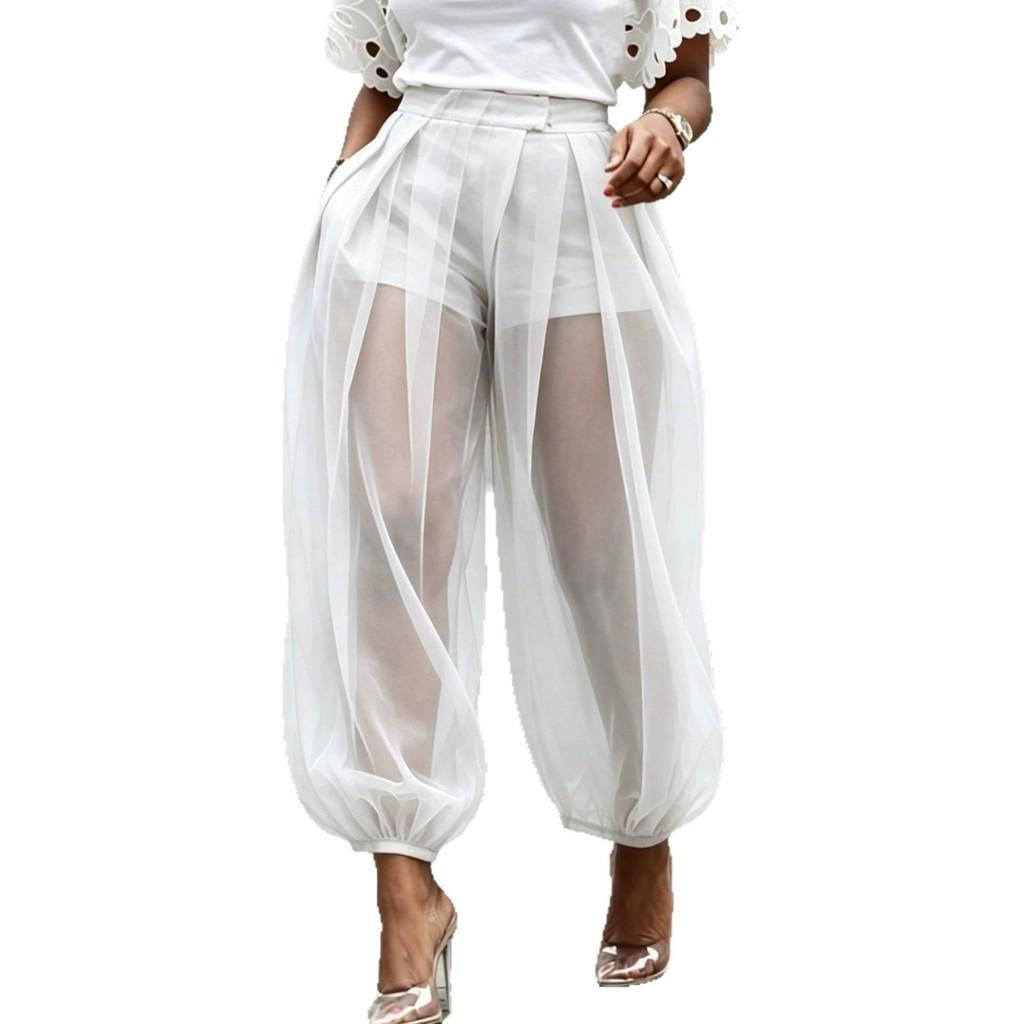 Pantaloni a lanterna corti streetwear in tessuto di poliestere a rete per donna casual