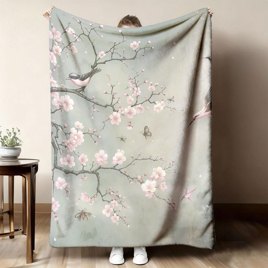 Traditional Chinese Floral Magpie Throw BlanketSoft Green Ink Art Warm Blanket for Couch Trip Household Zen Oriental Room Decor