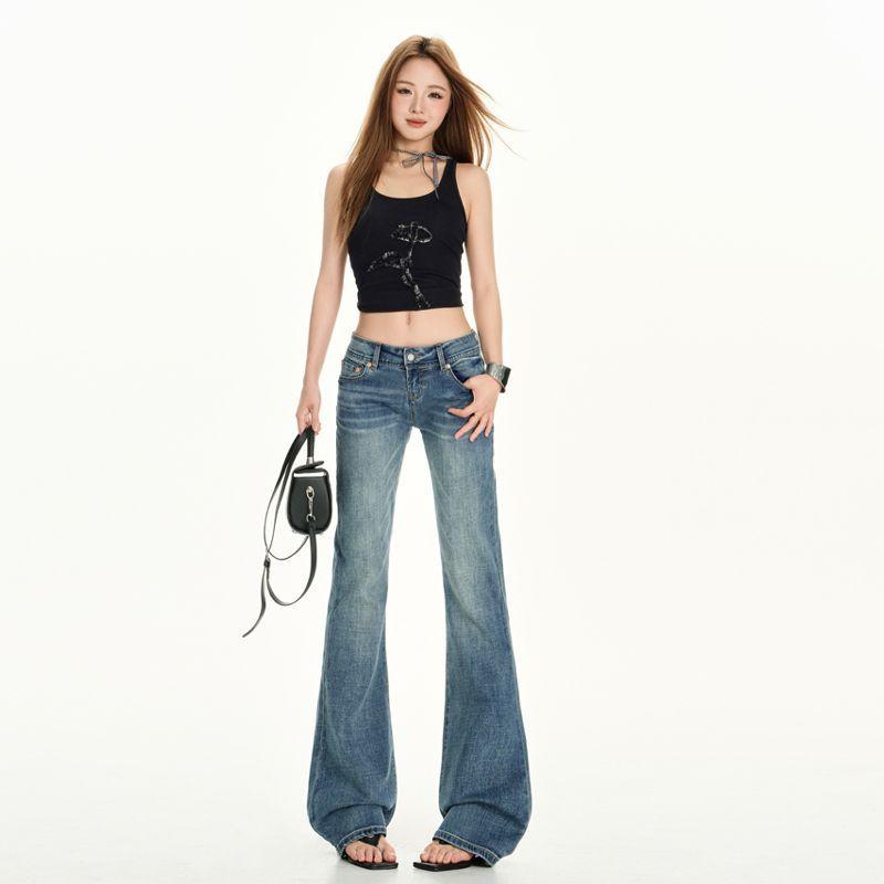 Pantalones Vaqueros Largos Azules Vintage de Otoño de Tiro Bajo con Bordado de Pata de Gato Elásticos de Pierna Ligeramente Acampanada Elegantes para Mujer Pantalones Vaqueros Casuales de Talla Grande