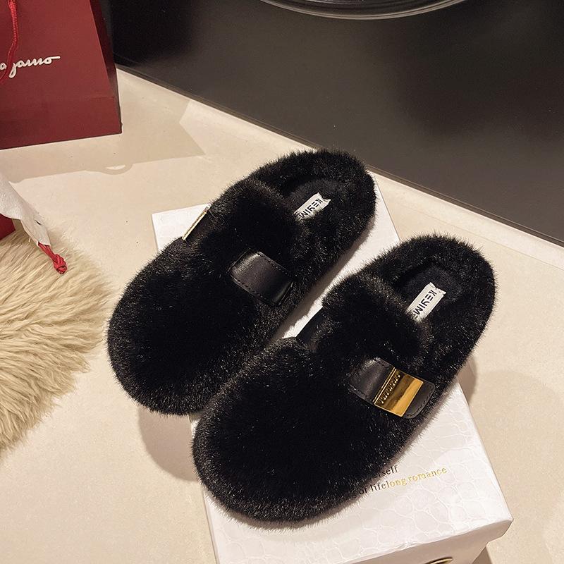Premium Bag Head Fluffy Slippers Women's Outer Wear 2025 Autumn and Winter New Lazy One-pedal Flat-bottomed Velvet Cotton Slippers