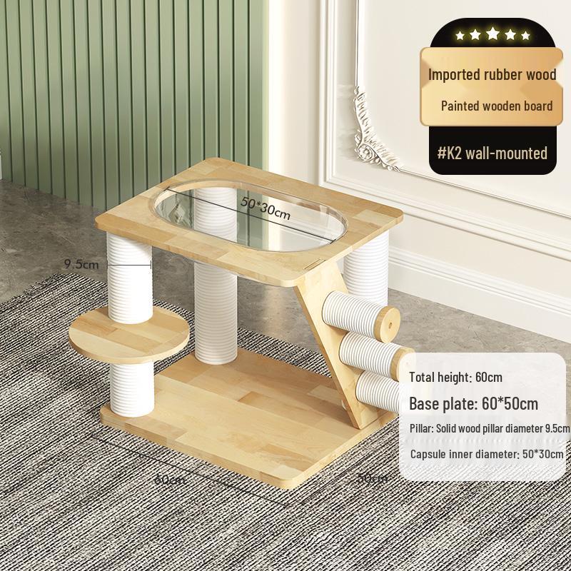 Solid Oak Cat Tree with Wall-Mounted Space Capsule Bed
