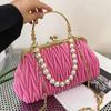 Fashion Women Orange Green Shoulder Bags Prom Clutch Pearl Chain Crossbody Bags Female Chic Totes Pu Leather Handbags And Purse