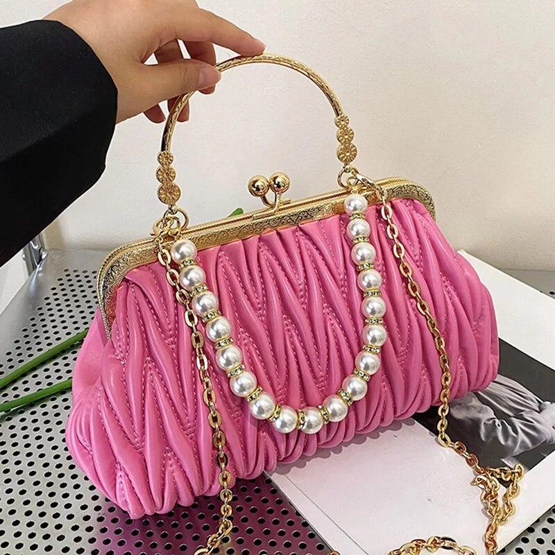 Fashion Women Orange Green Shoulder Bags Prom Clutch Pearl Chain Crossbody Bags Female Chic Totes Pu Leather Handbags And Purse