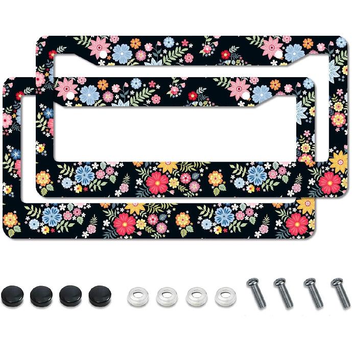 Floral License Plate Frame,Colorful Flowers Cute License Plate Frame 2 Pack Car Accessories Aluminum License Plate Covers for Men Women 2 Holes with Colorful Flowers