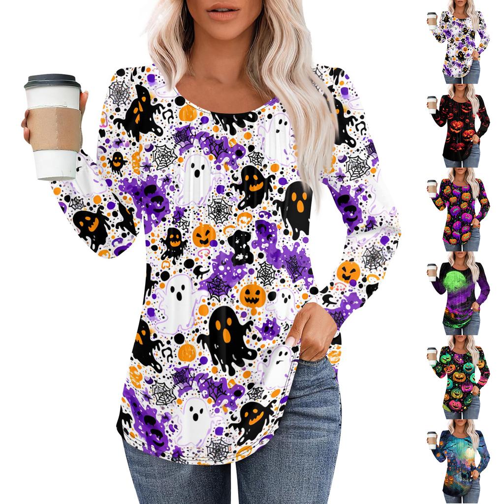 Women's Casual Long Sleeve T Shirt Pleated Round Neck Halloween Pumpkin Print Top Lightweight Comfortable Fit
