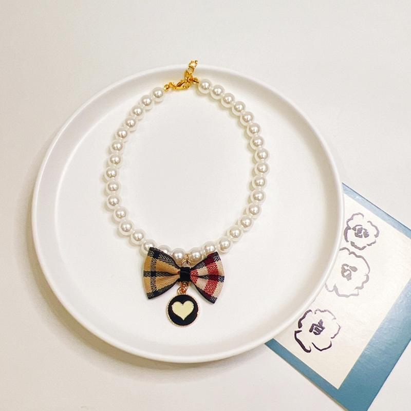 Pet Bowknot Adjustable Collar Cat Jewelry Pendant Princess Pearl Necklace Puppy Collar Decorative Dog Collar Accessories