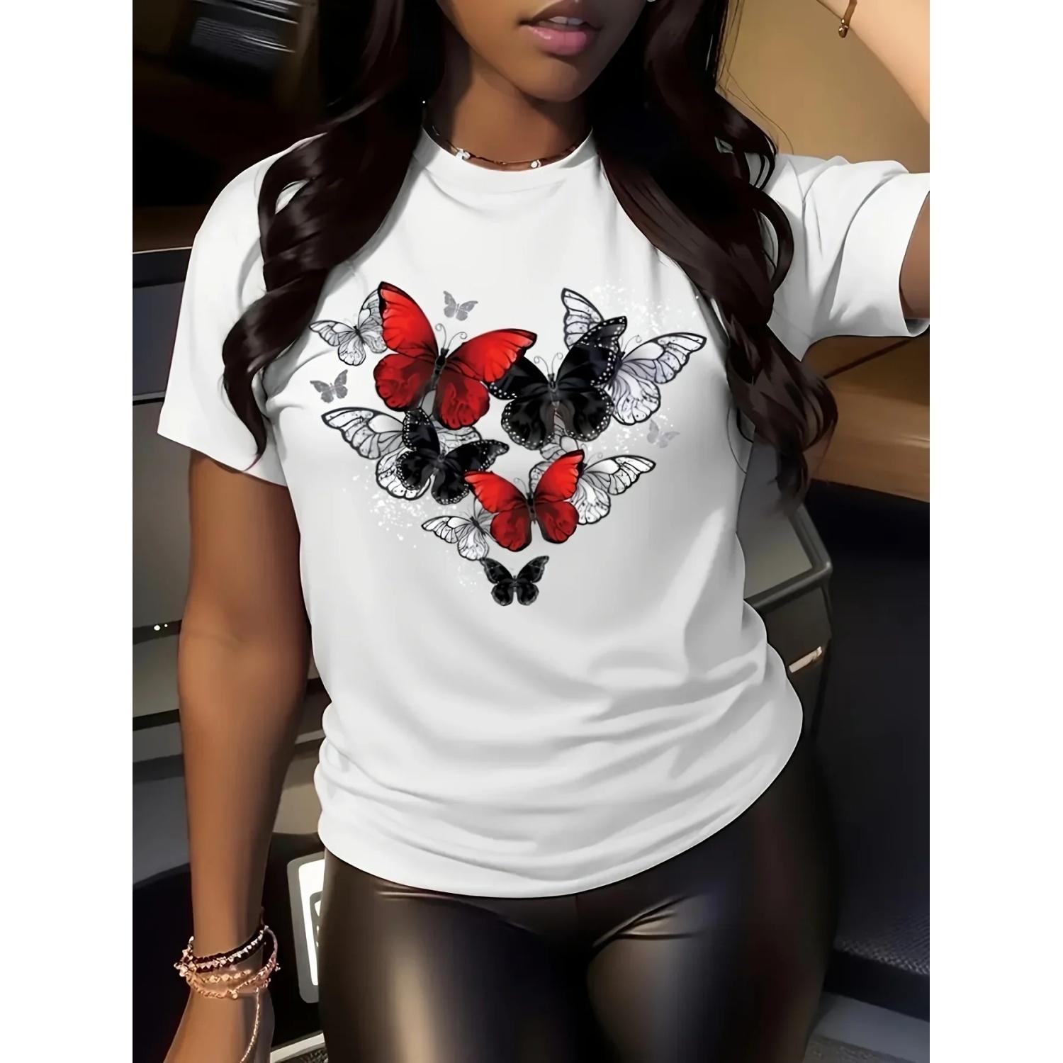 Casual Vibrant Red with Regular Versatile Stylish Women s Red Short Sleeve Elegant Butterfly Print Round Neck S