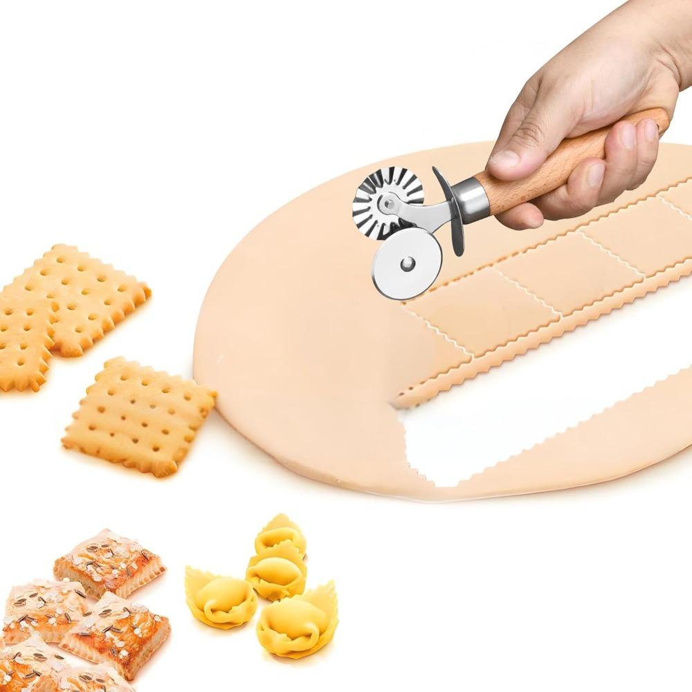 2 in 1 Biscuit Embossing Rolling Wheel Double Wheel Pasta Cutter Ravioli Mold Baking Tool