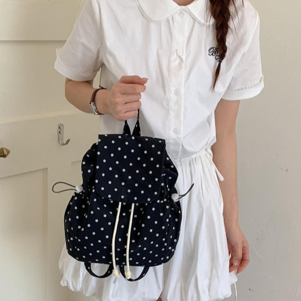 Girl Multiple Pockets Polka Dot Backpack Drawstring Lace-up Cloth Versatile Daypack Preppy Korean Lightweight Backpack Business