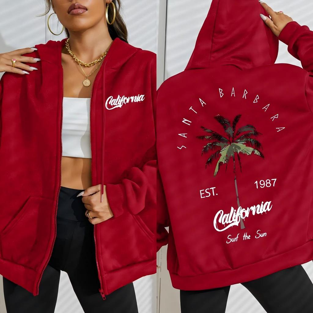 Galafonia Coconut Palm Santa Barbara Print Female Zipper Hoody Hip Hop Fleece Hoodies Streetwear Women Clothing