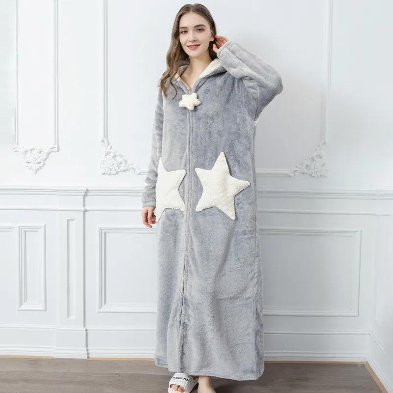 Couple Shower Robe Winter Sleepwear Star Hooded Long Bathrobe Warm Plush Man and Woman Terry Robe Korean New Pajamas Night Gown