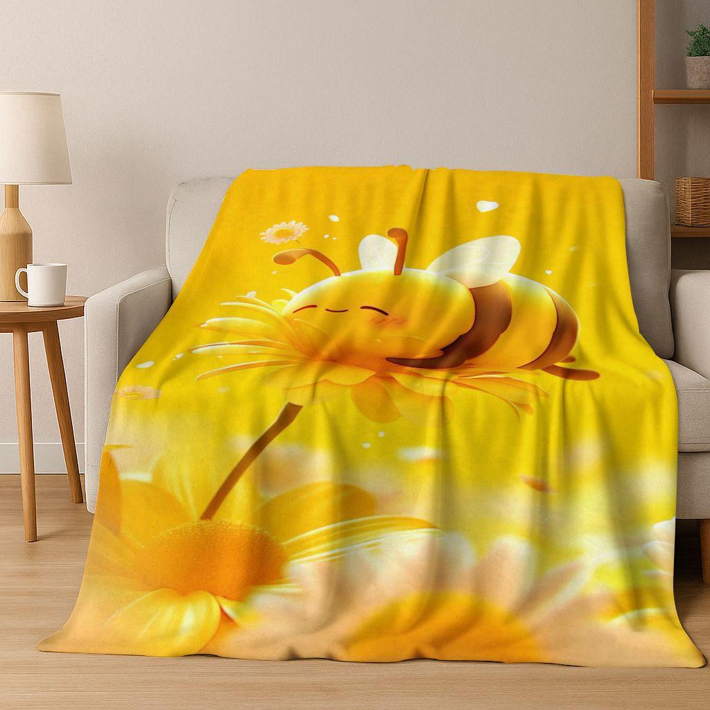 Cute Cartoon Bee HoneyBee Insect Art Flannel Blanket,Cozy Soft Throw Blanket for Home Bedroom Bed Sofa Picnic Cover Gift Kids