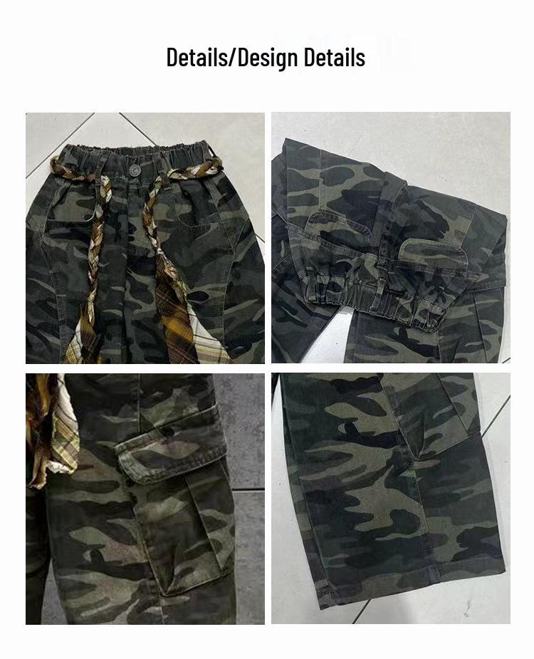 Girls' Retro Camo Waist-Tie Wide Leg Jazz Dance Cargo Pants - 2025 Autumn Fashion