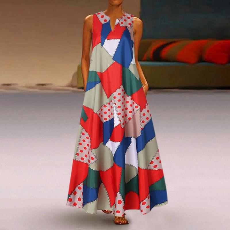 

Fashion Style Fashion Women s Wear Sexy V-neck Sleeveless Pocket Summer Retro Print Color Block Patchwork Sleeveless Dress Red 5XL