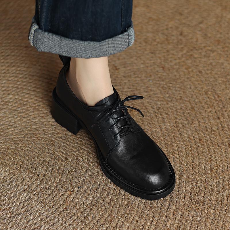 Modă 2025 Pantofi cu toc pentru femei Primăvară Toamnă cu șireturi Vârf rotund Confortabili Concisi Piele naturală Mocasini Pantofi Femeie Pantofi casual de lucru