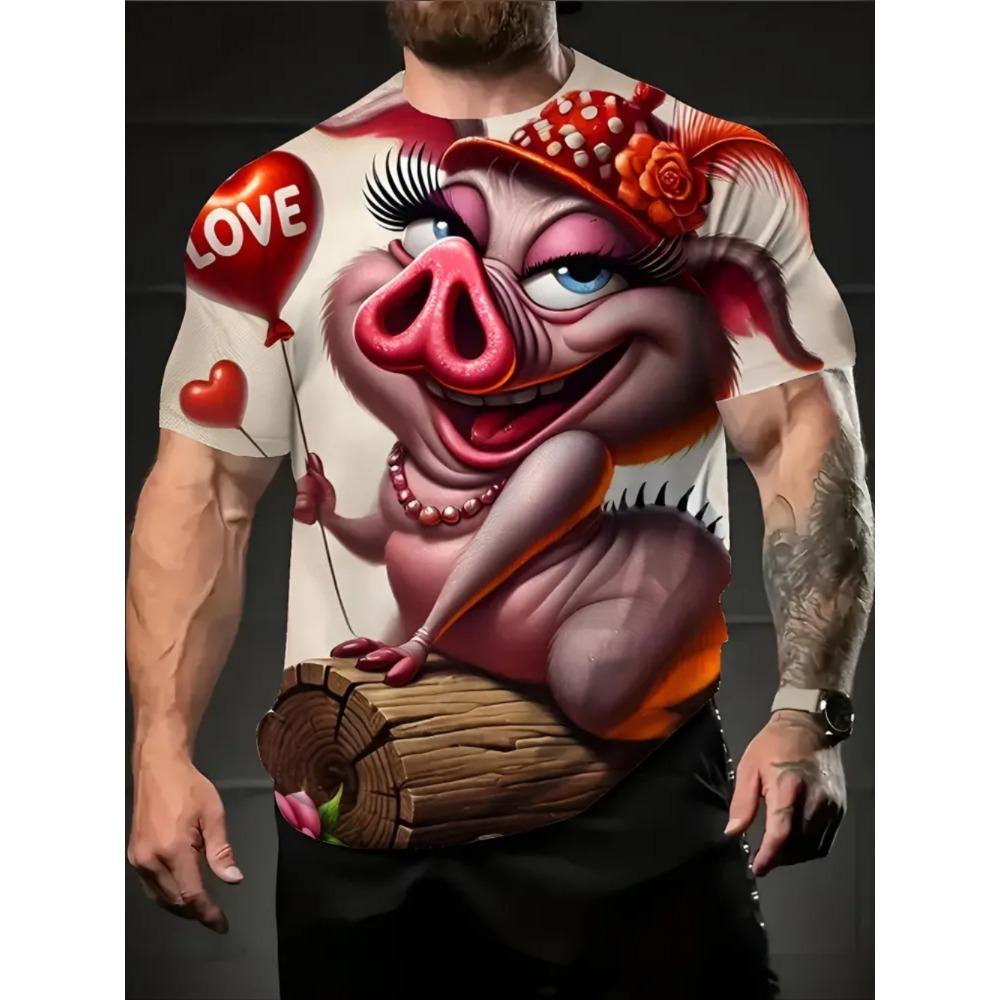 Men's Fun Animal Pig Print Short Sleeved T-shirt Creative Personality Large Loose Sports Casual Fashionable Comfortable Soft Breathable T-shirt