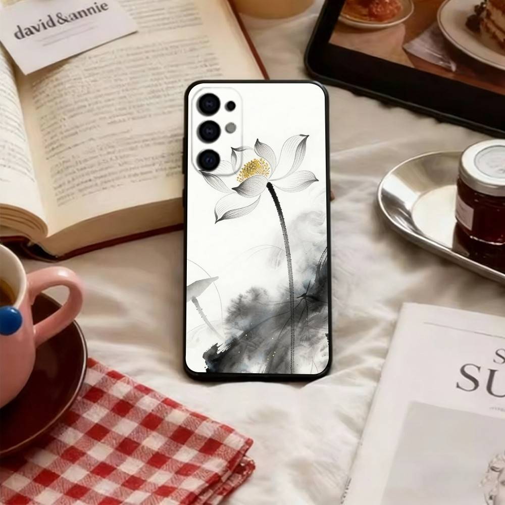 Chinese Ink Lotus Phone Case For Samsung S25,S24,S21,S22,S23,S30,Ultra,S20,Plus,Fe,Lite,Note,10,Black Cover