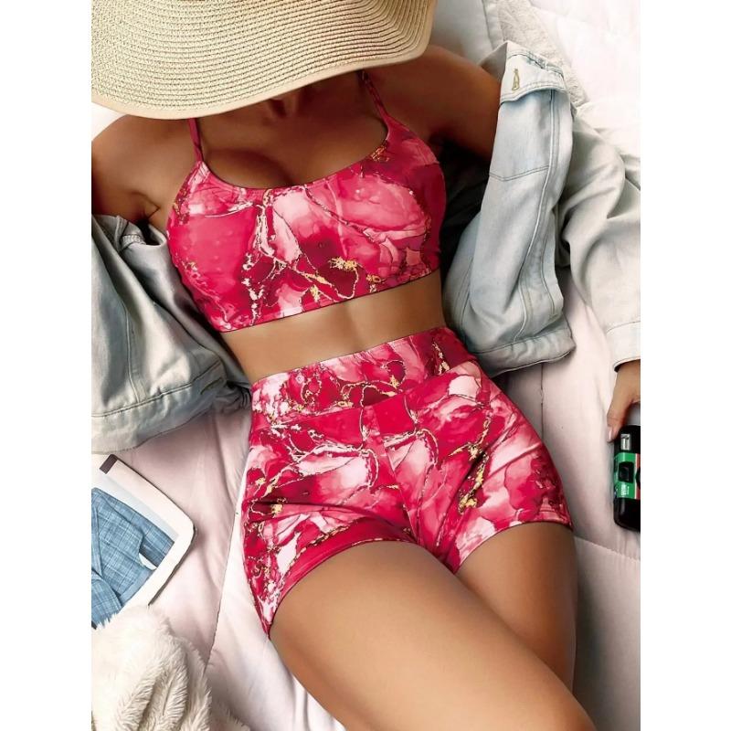 New Women's Bikini Set High Waist Print Separate Swimsuit One Piece Conservative Hip Cover Cross Border AE Stock Origin China
