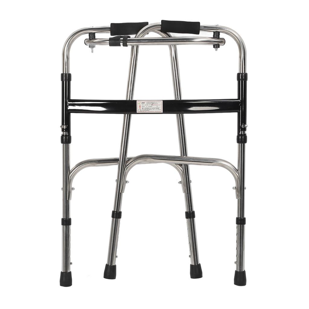 Elderly Folding Walker 6 Height Adjust 4 Legs Stainless Steel Walking Aid with Red Wheels Single Bend