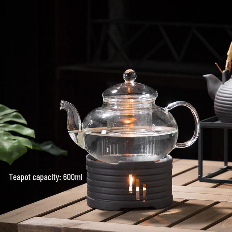 Retro Japanese Ceramic Tea Set with Candle Warmer and Flower Teapot