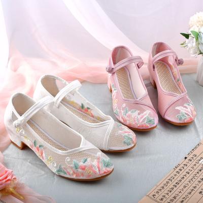 Mesh Autumn Hibiscus, New Square Heel with Cheongsam Hanfu Shoes, Ethnic Style Single Shoes, Embroidered Shoes