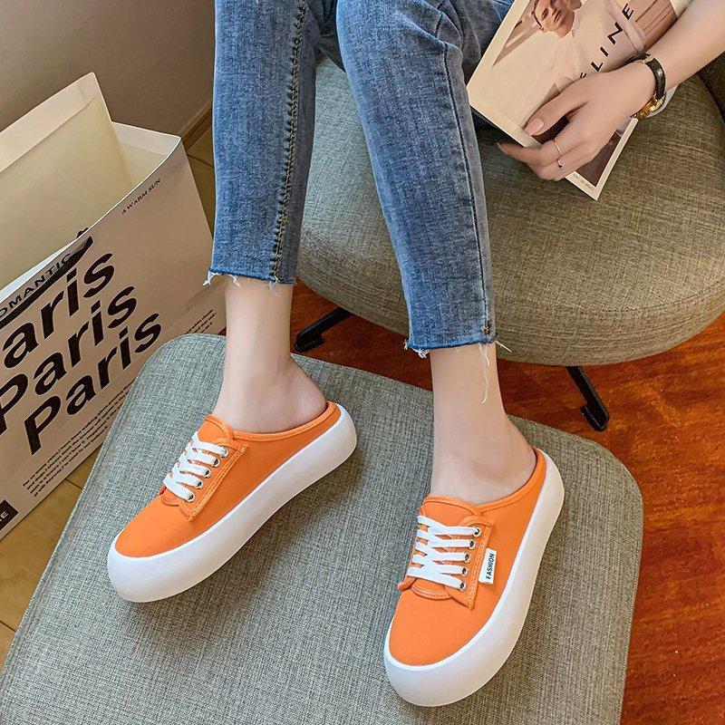 2025 new spring and autumn two wear thick-soled round head breathable shoes women's casual versatile niche light one pedal white shoes