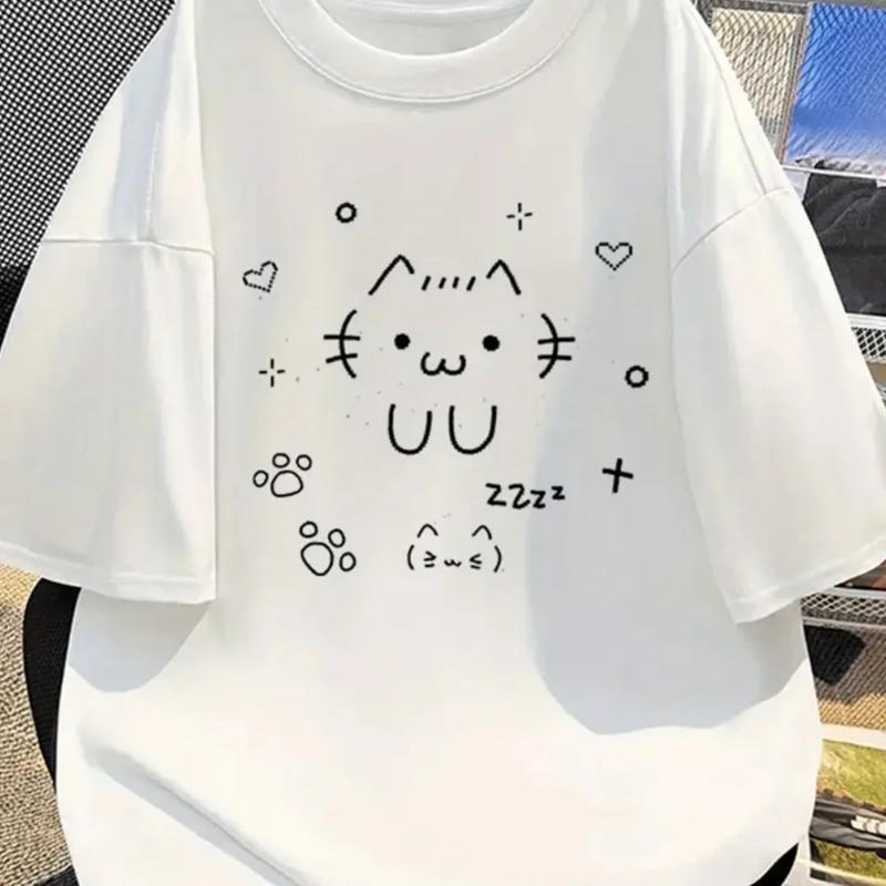 

UU Cartoon Cat Printed Fashion Pattern Tshirt Casual Short Sleeve White Tshirt Cute Cat Summer Style Naughty Comfortable Y2K S