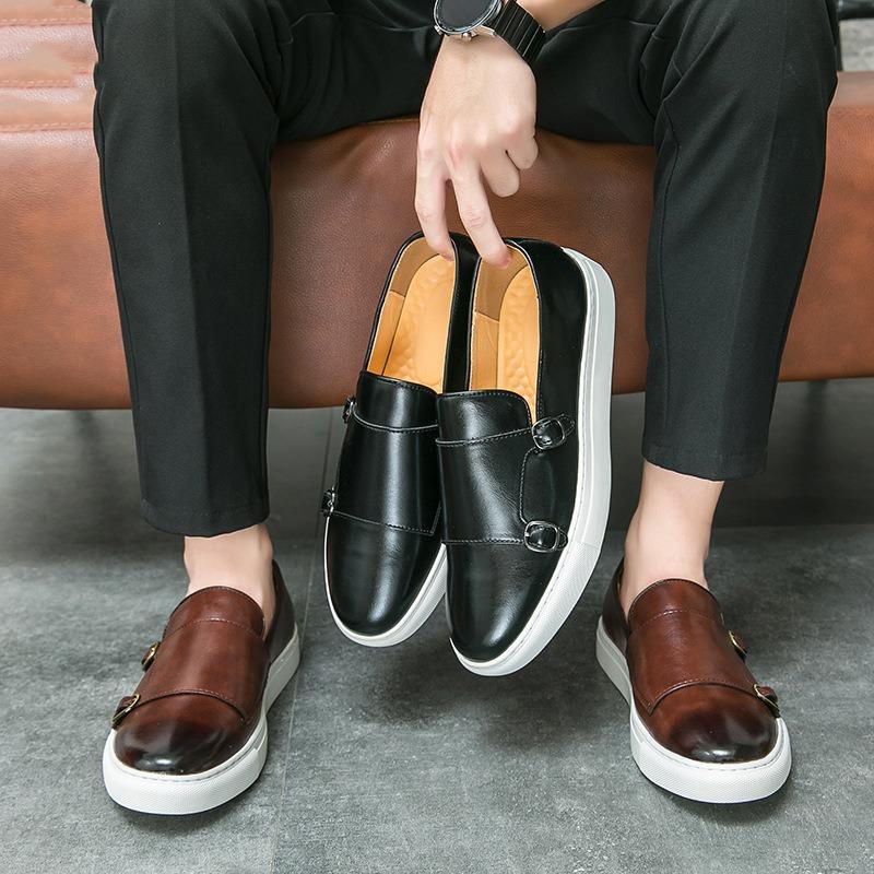 Slip-on-Loafer für Herren, lässig, flach, für die Arbeit, Lederschuh, flacher Schnallenriemen, atmungsaktiv, Nähen, britische Flats