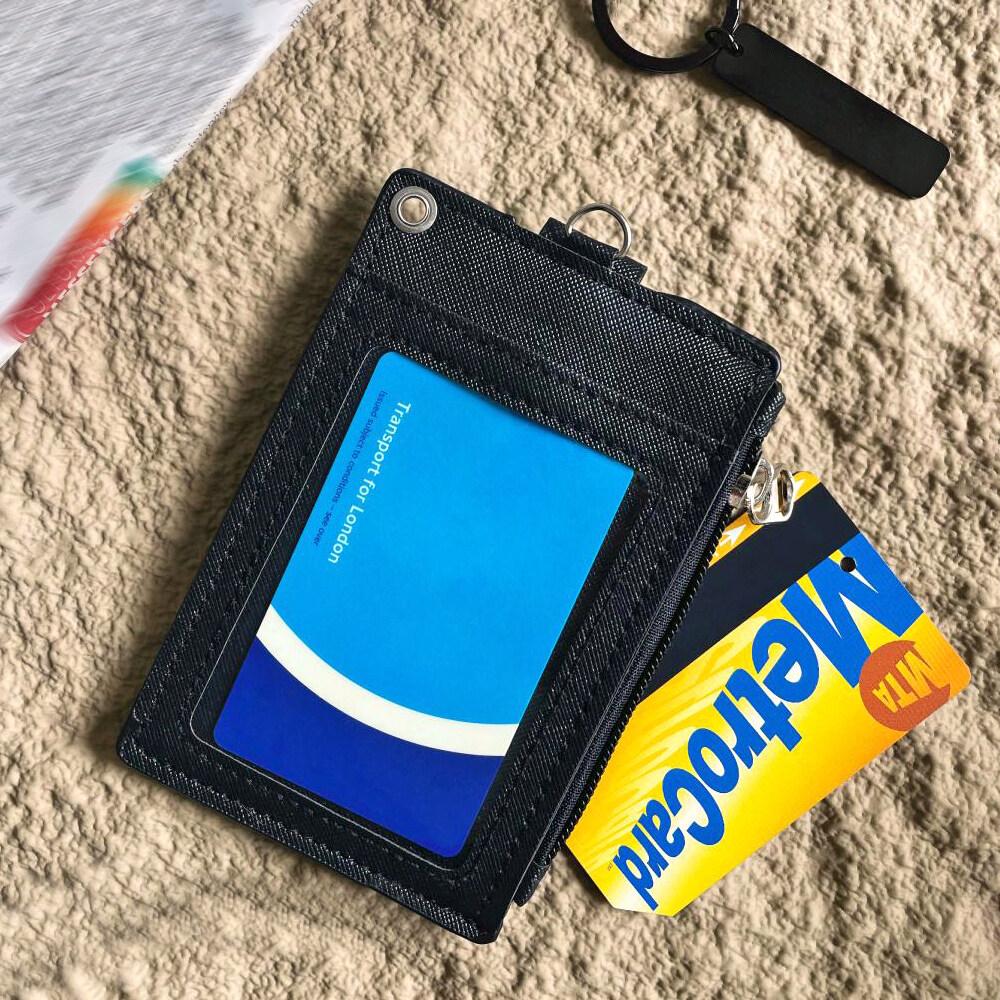 ID Card Holder Zipper Pocket 2 Sided 5 Cards Slots Keychain Lanyard for Mens Bus Subway Card Pouch