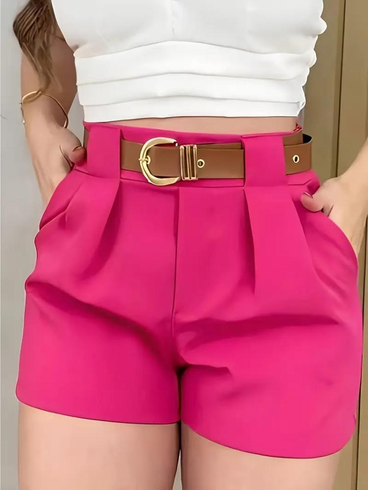 Women's Elegant White Casual Shorts High Waist Pleated Design with Pocket High Waist Shorts