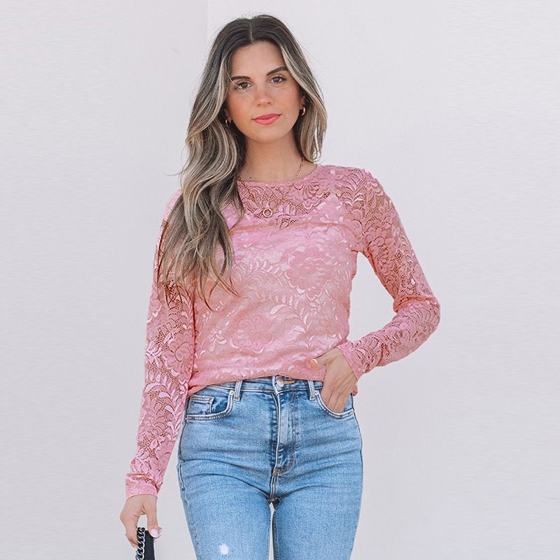 

American Shiying Sexy Slim-Fit See-through Lace Shirt Women 2025 Spring New Arrival Florals round Neck Long Sleeves T-shirt Pink Size XL fit (70.00 kg-75.00 kg