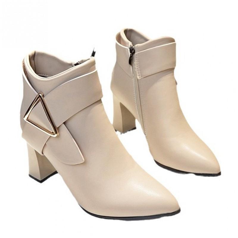 Womens Pointed Toe Chunky Heel Side Zip Ankle Boots PU Leather Fashion Winter Short