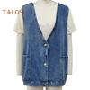 Dame dongerivest V-hals Ermeløse patchlommer Enkeltspent cardigan Ensfarget Uformell Ermeløs Streetwear damevest