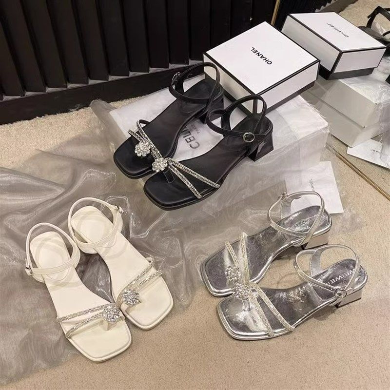 Summer Thick-Heeled Sandals Women'S Rhinestone Outer Wear Versatile Middle-Heeled Fairy Wind Word With Middle-Heeled Sandals