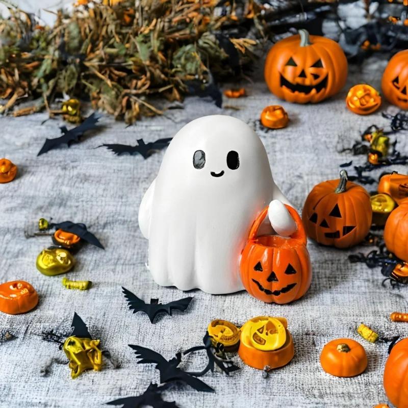 Indoor Outdoor Cute Ghost Statue Holding Pumpkin Statue Resin Halloween Home Decorations for Living Room Bedroom Garden