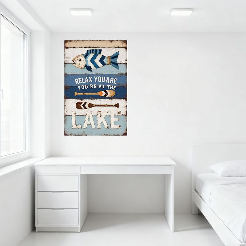 Rustic Weathered Lake Sign with Fish & Oars Tin Sign, Blue White Wooden Plank Metal Wall Decor for Bar Pub Home Cafe, Relax You’