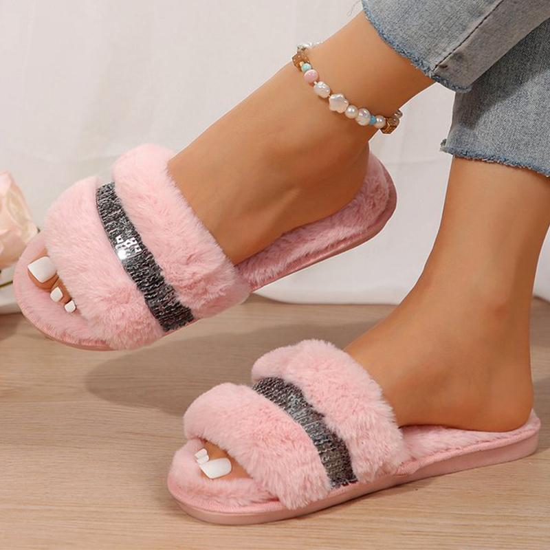 Fashion Winter Bling Cotton Slipper for Women Mix Color Faux Fur Plush Slippers Woman Slip On Non Slip House Flats Furry Slides Mujer
