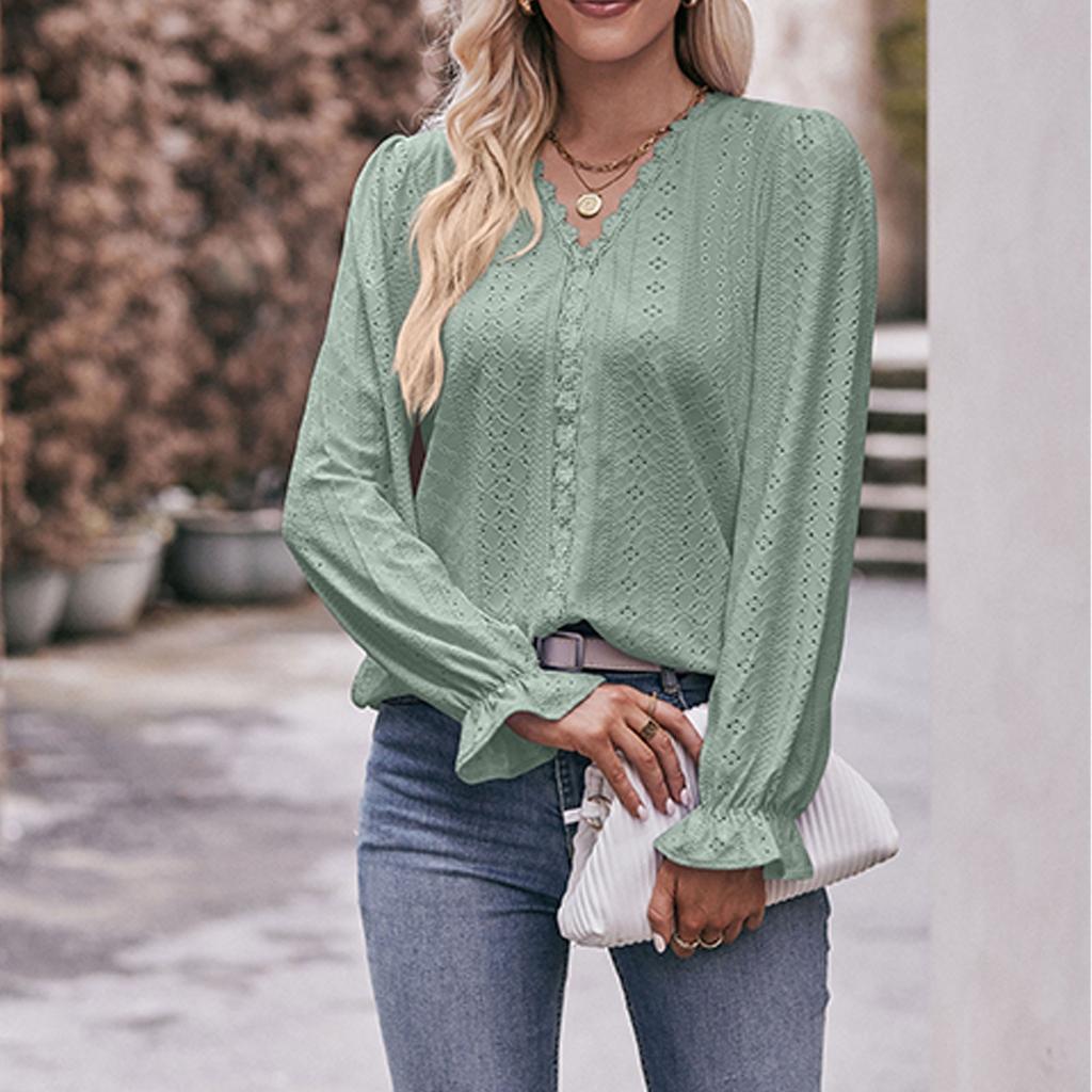Women's Fashion Solid Color V-neck Long Sleeved Pullover T-shirt Top