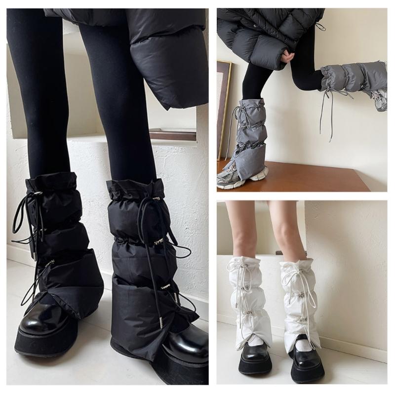 Women Winter Padded Puffer Leg Warmers for Outdoor and Sports Adjustable Drawstring Split Flared Boot Covers Cuffs Socks