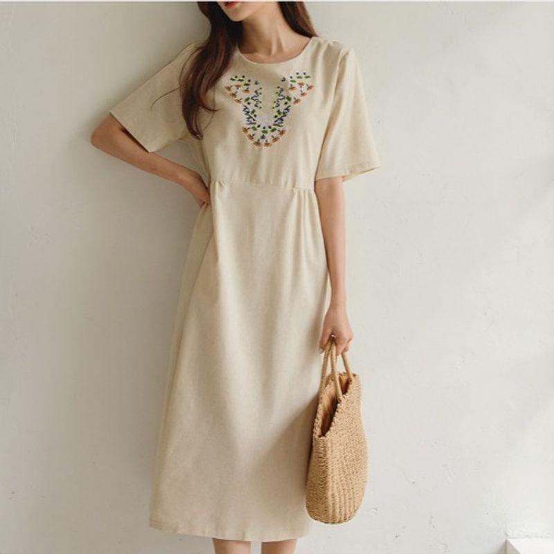 

Loose Artistic Fat mm Student Linen Apricot Embroidery Apricot color 5XL