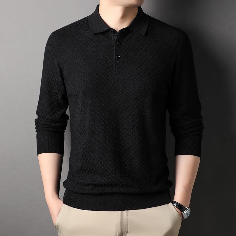 New Spring and Autumn Men's Long-sleeved T-shirt Knitted Bottoming Shirt Middle-aged Men's Wool Checkerboard Lapel Sweater