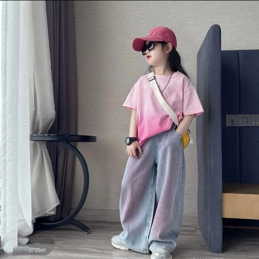 Girls' Summer Set Tie Dye Short Sleeved Rhinestone Embellished Slim and Wide Leg Jeans Fashionable and Casual Two-piece Set Fashionable