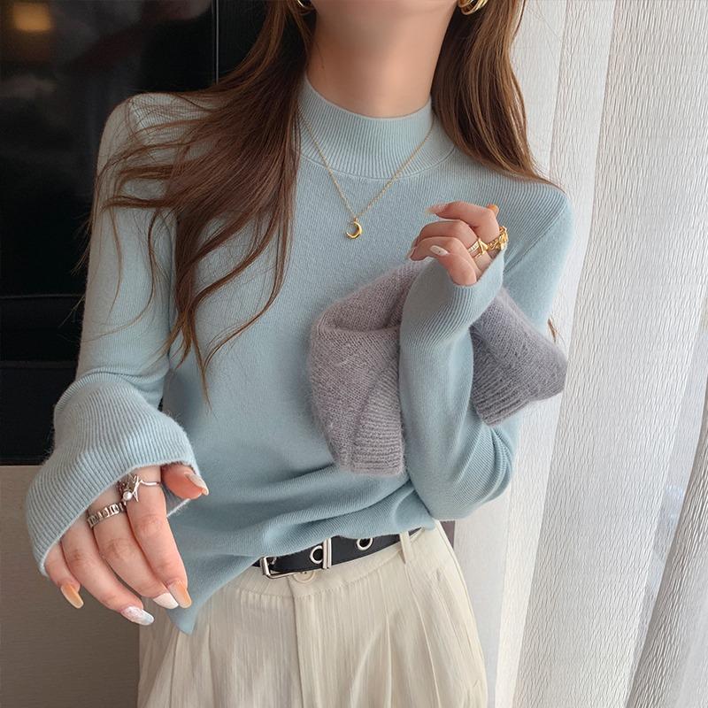 Fashion Casual Semi-turtleneck Knitted Sweater Women's Autumn and Winter Bottoming Shirt New Elegant Casual Simple Slim Fit Solid Long Sleeved Top