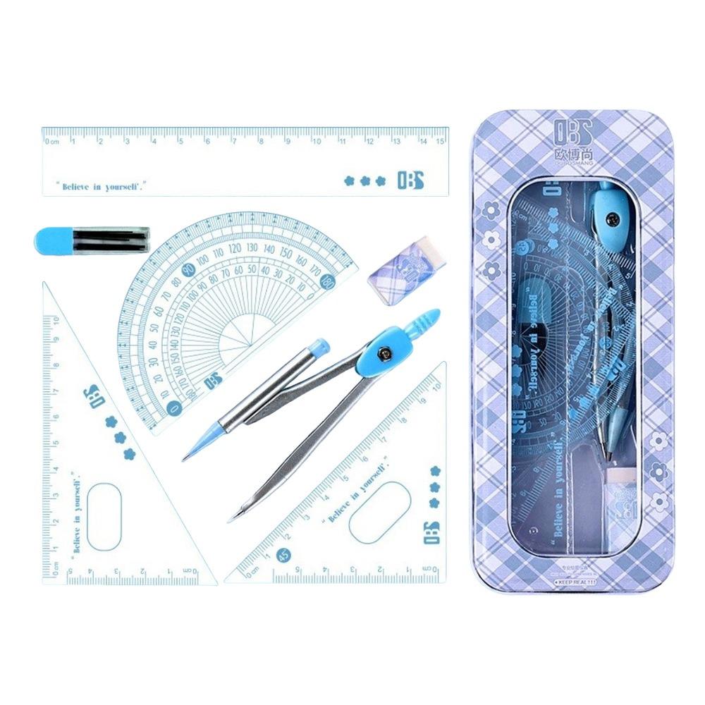 8PCS Eraser Protractor Plastic Triangle Ruler Portable Ruler Compasses Set  School Office