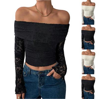 Damen schulterfreies einlagiges Spitzen Slim-Fit T-Shirt Langarm-Top