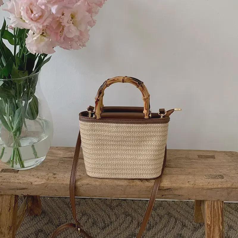 Summer 2025 Woven Straw Crossbody Handbag - Textured Small Bucket Bag for Women