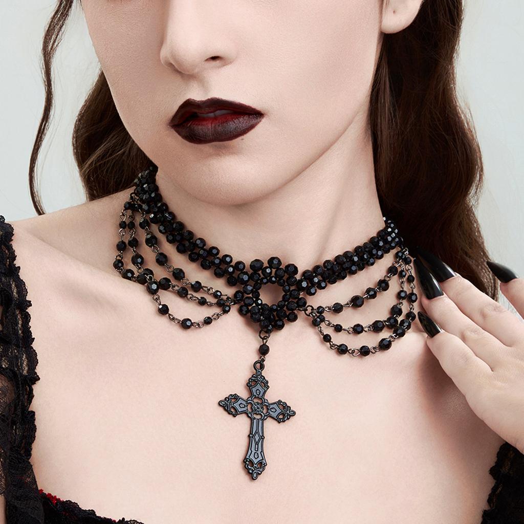 Dark Gothic Cross Pendant Necklace Female, Vintage Multilayer Beaded Tassel Collarbone Collar